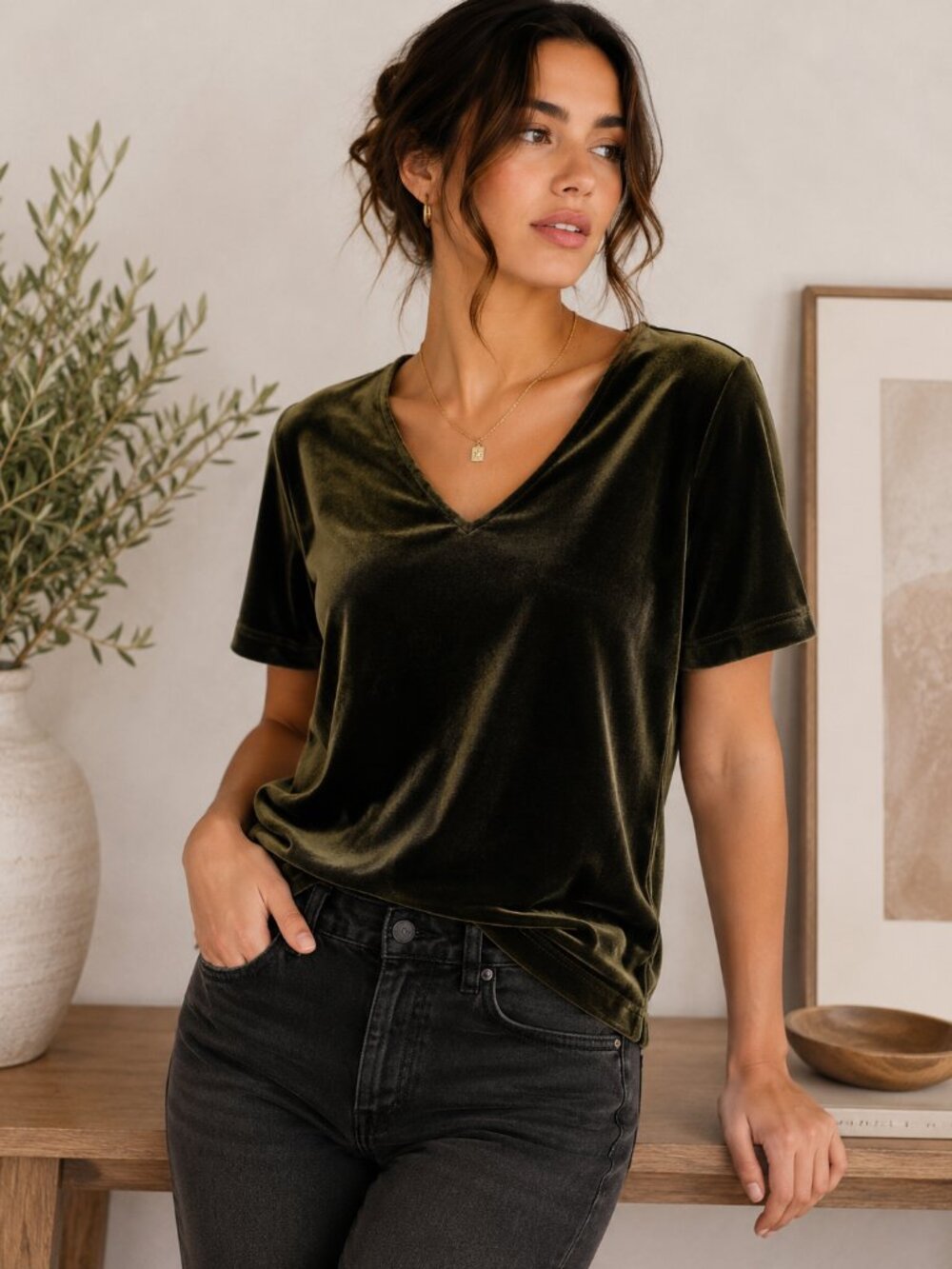 Y2K Olive Green Velvet Top | Kathie Lee Collection | V-Neck | Size M - Picture 1 of 9